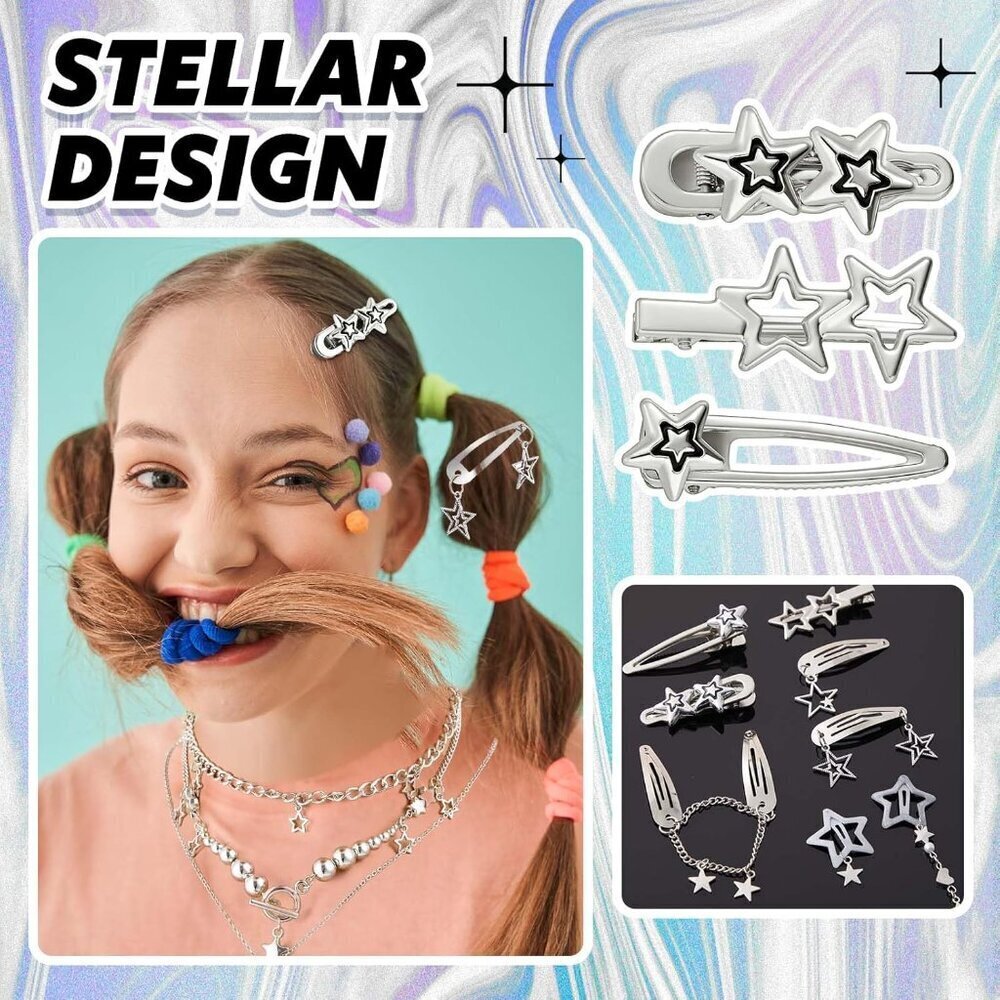 Y2K Accessories Set 13 Pcs Metal Jewelry Star Hair Clips Bracelets for Women - Picture 6 of 7